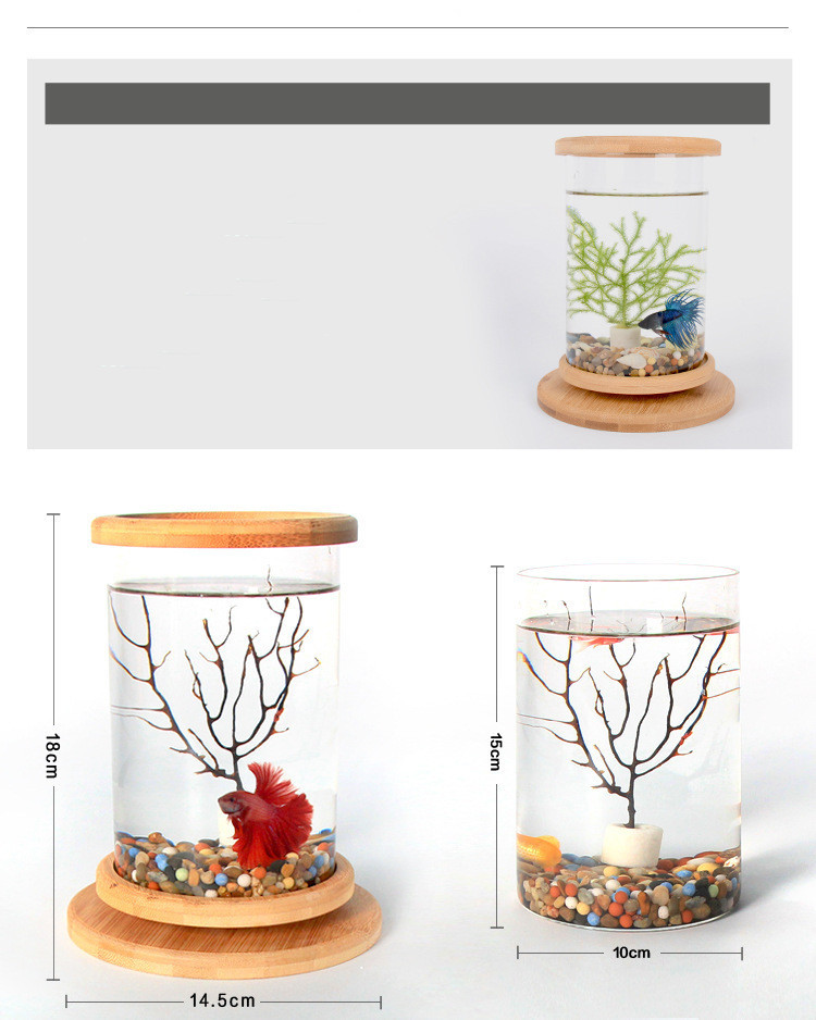 Small Office Glass Aquarium Bamboo Base Mini Fish Tank Decoration Fish Bowl - Image 4