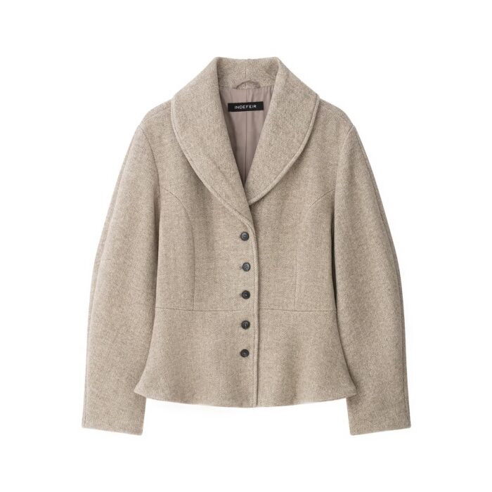French Shawl Collar Herringbone Wool Coat - Women's Vintage Single Breasted Waist Cinching Fishtail Hem Jacket for Autumn Winter