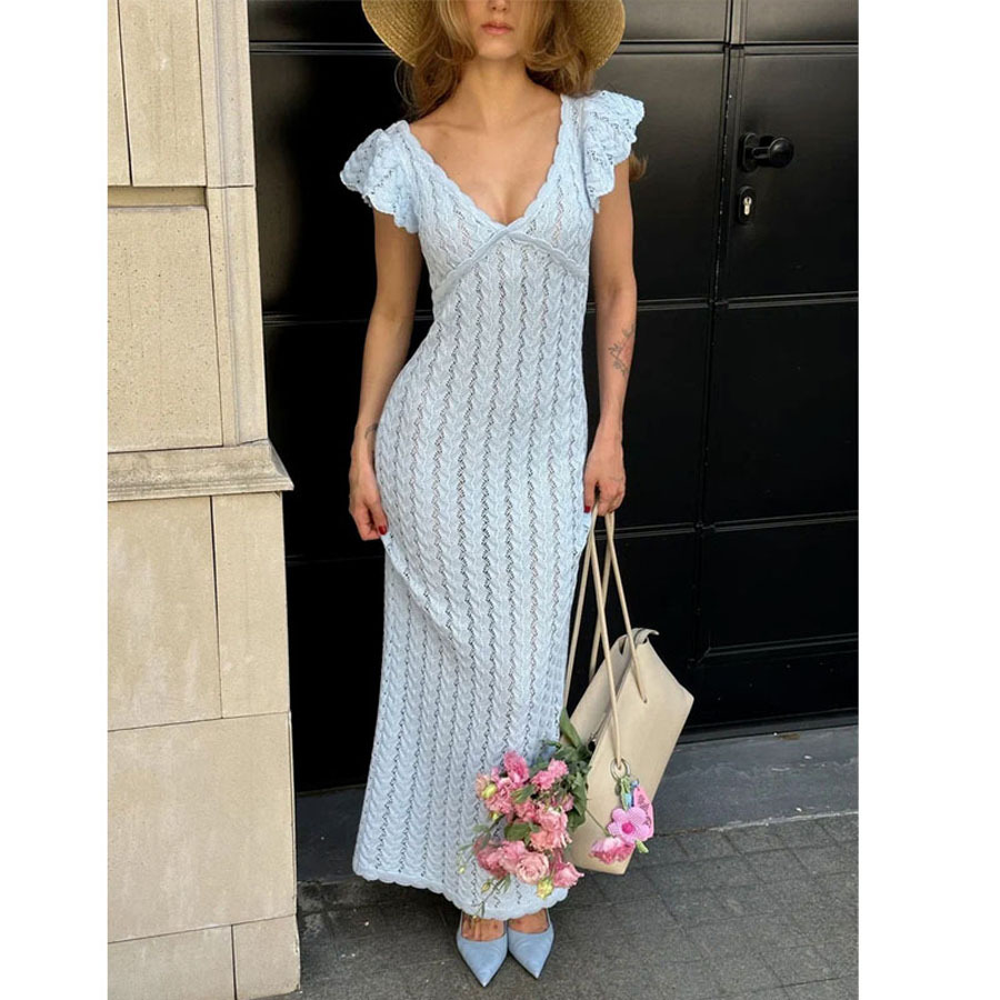 European And American Sleeveless Dress With A V-neck, Crocheted Openwork Design - Image 6