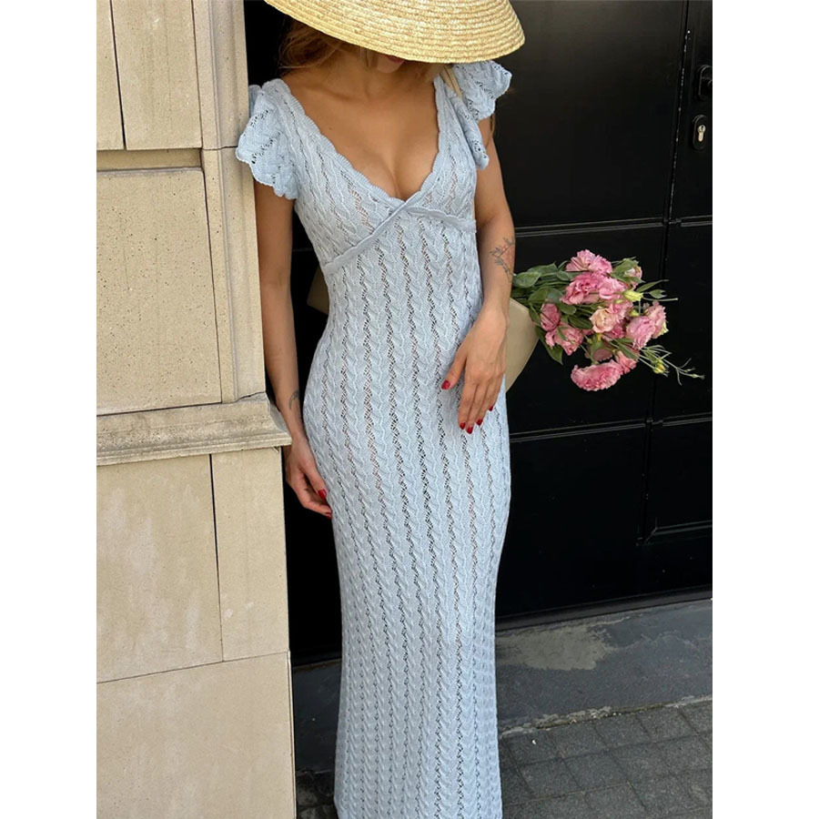 European And American Sleeveless Dress With A V-neck, Crocheted Openwork Design - Image 2